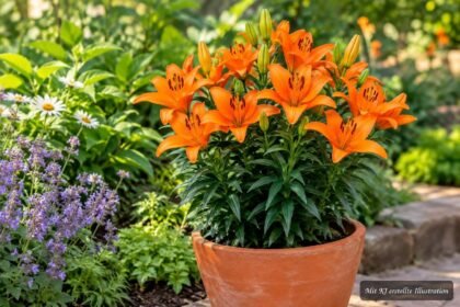 Orangefarbene Asiatische Lilie ‘Orange Pixie’ blüht kompakt im Beet oder Pflanzkübel