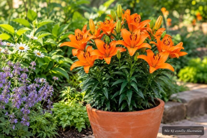 Asiatische Lilie ‘Orange Pixie’ (Lilium ‘Orange Pixie’) – Pflege und Verwendung in Beet und Topf Orangefarbene Asiatische Lilie ‘Orange Pixie’ blüht kompakt im Beet oder Pflanzkübel
