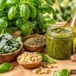 Basilikumblätter werden durch Einfrieren, Trocknen oder Pesto haltbar gemacht.
