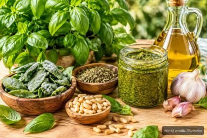 Basilikumblätter werden durch Einfrieren, Trocknen oder Pesto haltbar gemacht.
