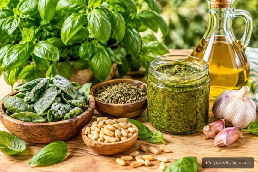 Basilikumblätter werden durch Einfrieren, Trocknen oder Pesto haltbar gemacht.