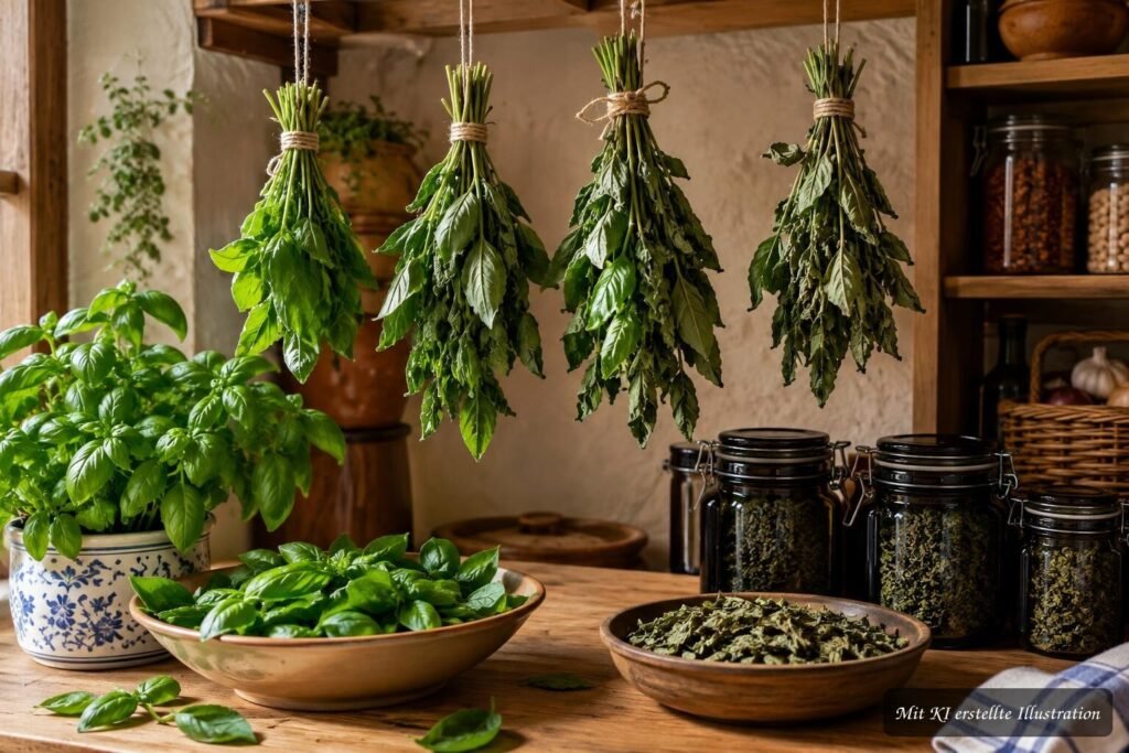 Basilikum haltbar machen – einfrieren, trocknen oder als Pesto konservieren? Getrocknete Basilikumblätter in einem Glas neben frischem Basilikum und Küchenutensilien