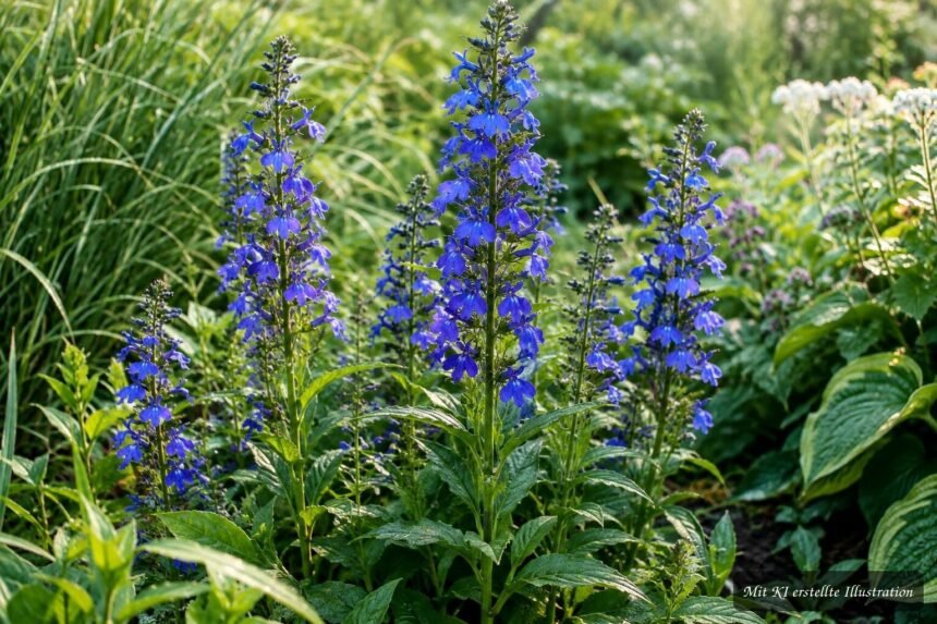 Blaue Kardinals-Lobelie mit leuchtend blauen Blütenähren im feuchten Staudenbeet