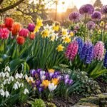 Bunte Frühlingsblumen aus Blumenzwiebeln in abwechslungsreich bepflanztem Gartenbeet