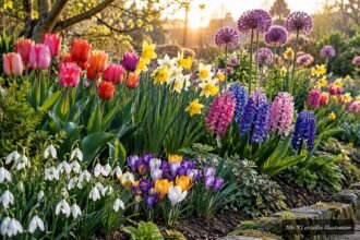 Bunte Frühlingsblumen aus Blumenzwiebeln in abwechslungsreich bepflanztem Gartenbeet