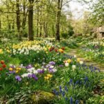 Verwilderte Blumenzwiebeln blühen farbenfroh in einem natürlichen Frühlingsgarten