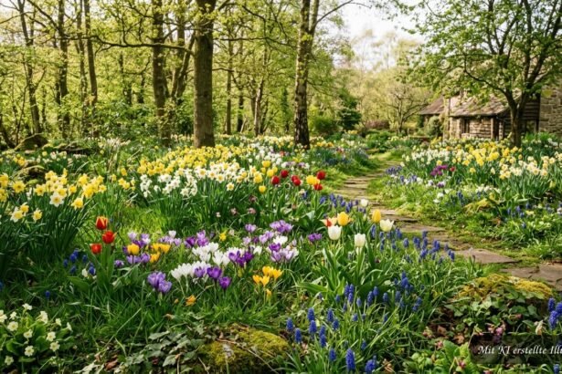Verwilderte Blumenzwiebeln blühen farbenfroh in einem natürlichen Frühlingsgarten