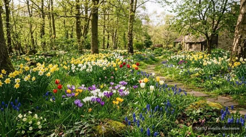 Verwilderte Blumenzwiebeln blühen farbenfroh in einem natürlichen Frühlingsgarten