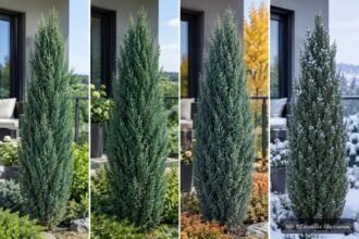 Chinesischer Wacholder ‘Stricta’ mit blaugrünen Nadeln in säulenförmiger Wuchsform im Garten
