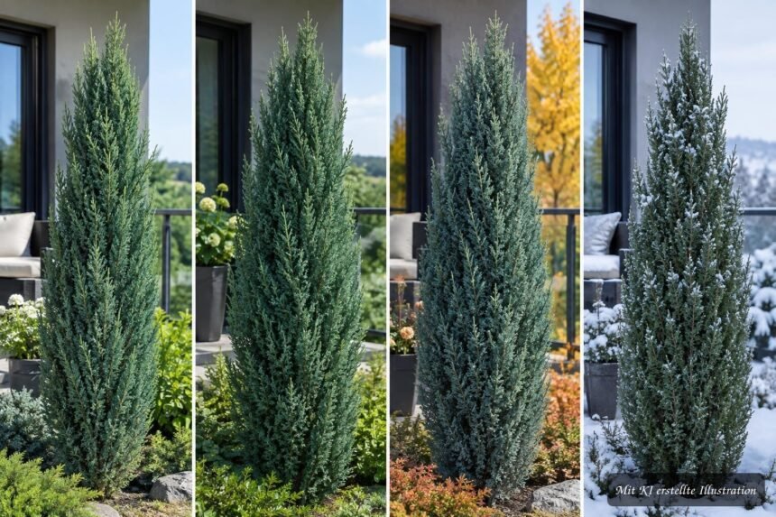 Chinesischer Wacholder ‘Stricta’ mit blaugrünen Nadeln in säulenförmiger Wuchsform im Garten