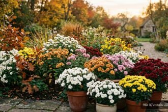 Farbenfrohe Chrysanthemen blühen im herbstlichen Gartenbeet bis zum ersten Frost