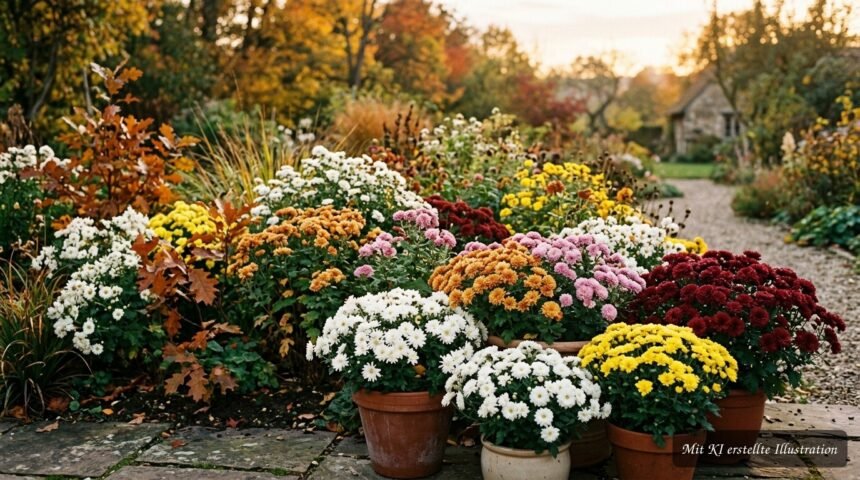 Farbenfrohe Chrysanthemen blühen im herbstlichen Gartenbeet bis zum ersten Frost