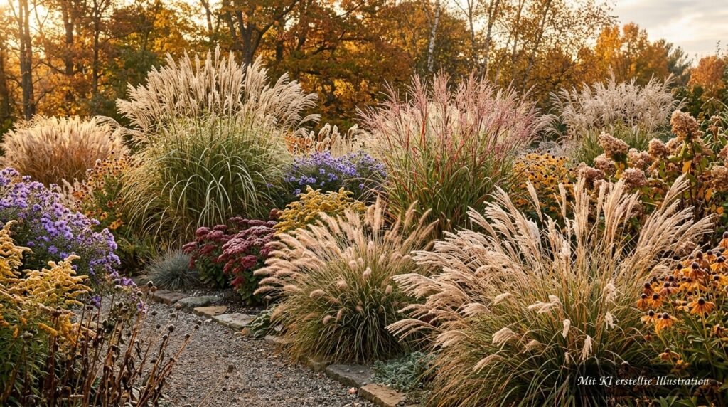 Herbstliches Beet mit Ziergräsern, die Leichtigkeit und Bewegung in den Garten bringen