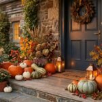 Stilvolle Kürbisdekoration schmückt Garten und Hauseingang in warmen Herbstfarben