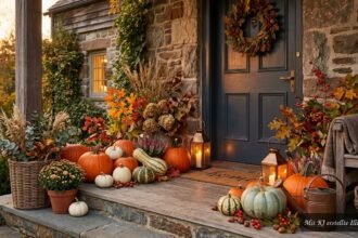 Stilvolle Kürbisdekoration schmückt Garten und Hauseingang in warmen Herbstfarben