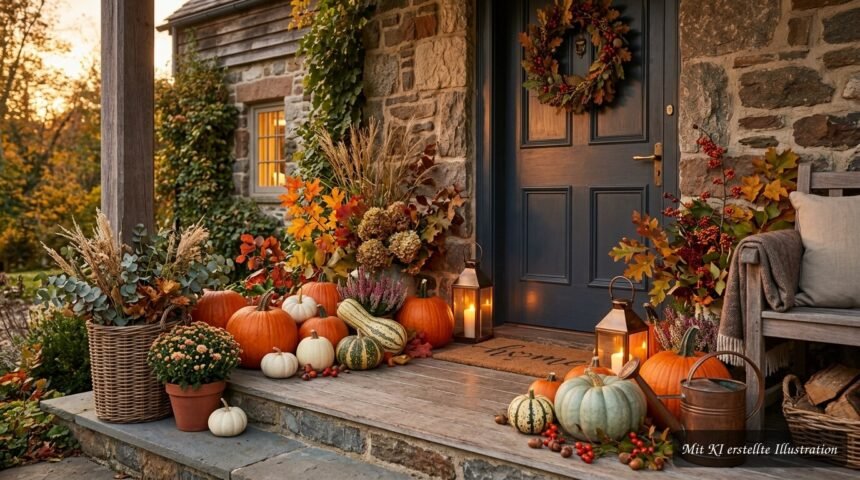 Stilvolle Kürbisdekoration schmückt Garten und Hauseingang in warmen Herbstfarben