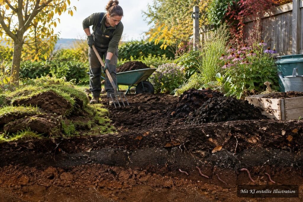 Herbstliches Gartenbeet wird an einem sonnigen Platz angelegt und sorgfältig für das nächste Gartenjahr vorbereitet.
