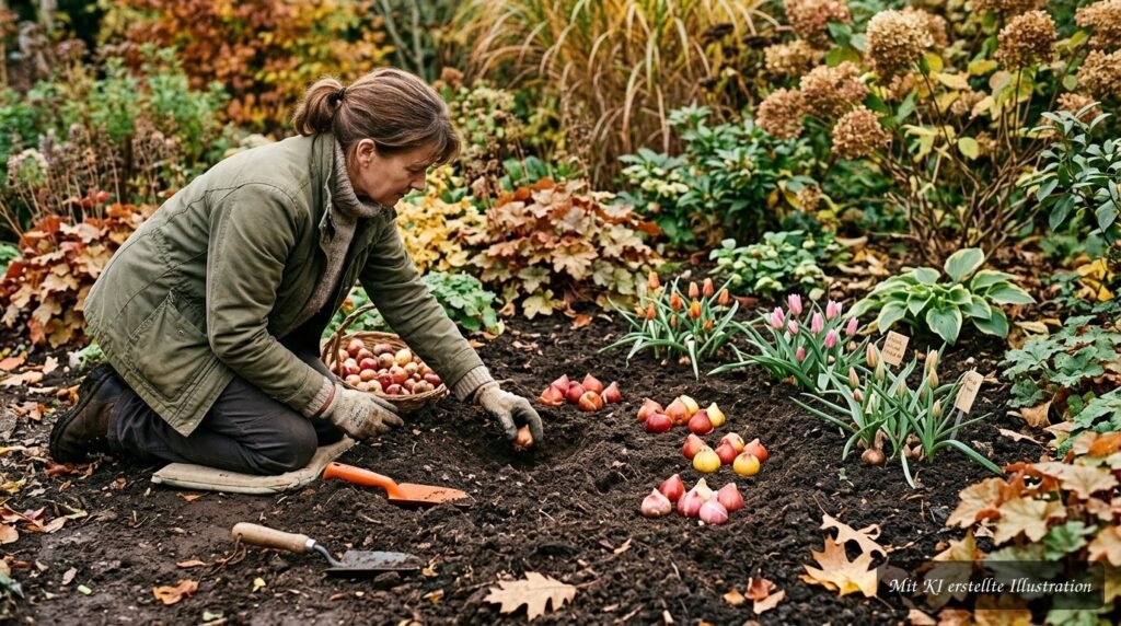 Bunte Tulpen in gleichmäßigem Abstand in einem sonnigen Beet