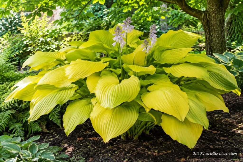 Riesen-Funkie ‘Sum and Substance’ (Hosta ‘Sum and Substance’) – Pflege und Platzbedarf Riesen-Funkie ‘Sum and Substance’ mit goldgelben Blättern am idealen halbschattigen Standort