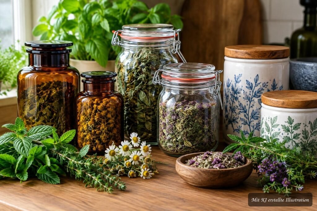 Getrocknete Kräuter richtig aufbewahren – so verlieren sie nicht zu schnell ihr Aroma Getrocknete Kräuter in luftdichten, lichtgeschützten Behältern zur optimalen Aromabewahrung
