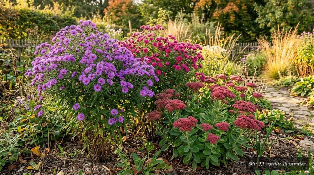 Herbstastern und rosafarbene Fetthenne bilden ein farbenfrohes, pflegeleichtes Beet im Herbstgarten.