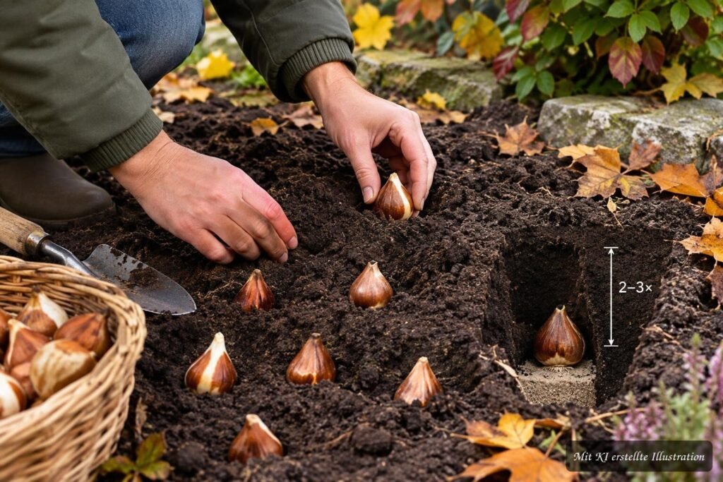 Tulpenzwiebeln werden im Herbst mit richtigem Abstand und passender Pflanztiefe in die Erde gesetzt.