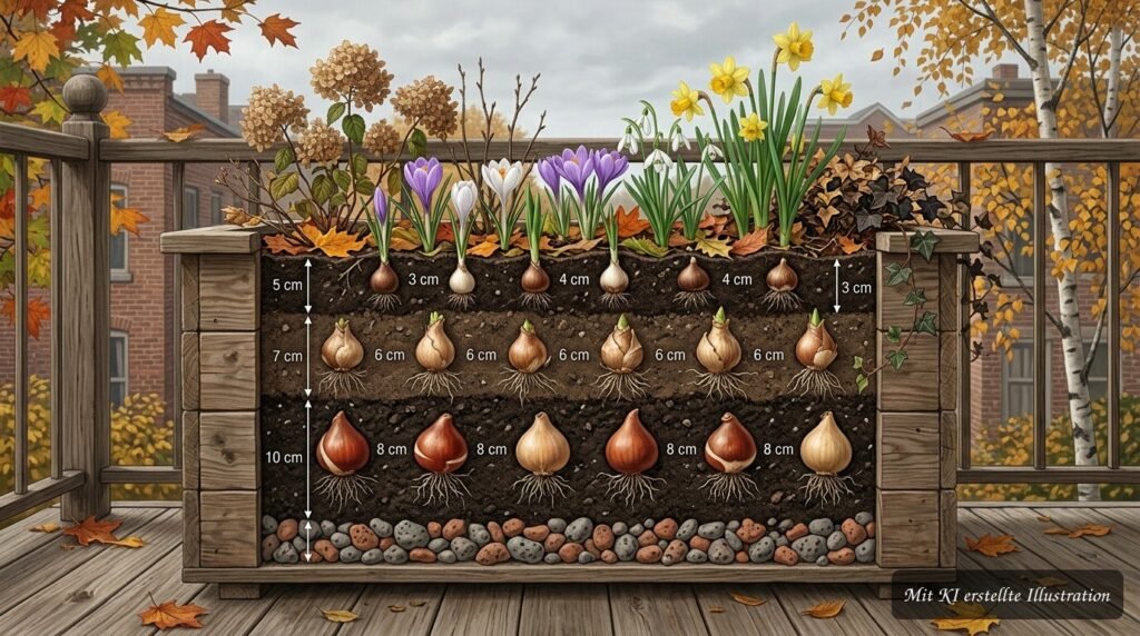 Blumenzwiebeln werden nach der Lasagne-Methode Schicht für Schicht in einen Topf für den Frühlingsbalkon gesetzt.