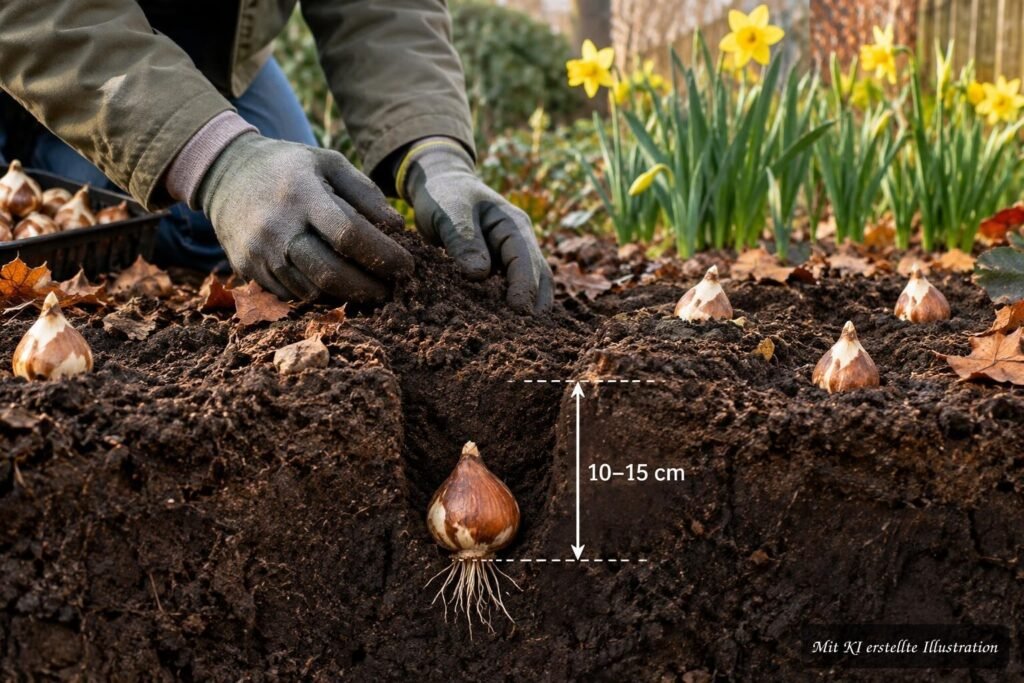 Narzissenzwiebeln werden im Herbst in der richtigen Tiefe für kräftige Frühlingsblüten gepflanzt.