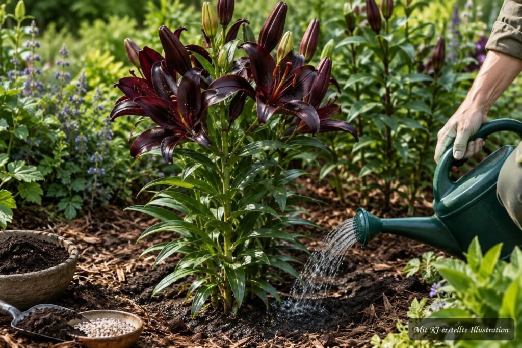 Lilie „Black Beauty“ mit kräftigen Blüten – Tipps zum richtigen Gießen und Düngen für gesundes Wachstum
