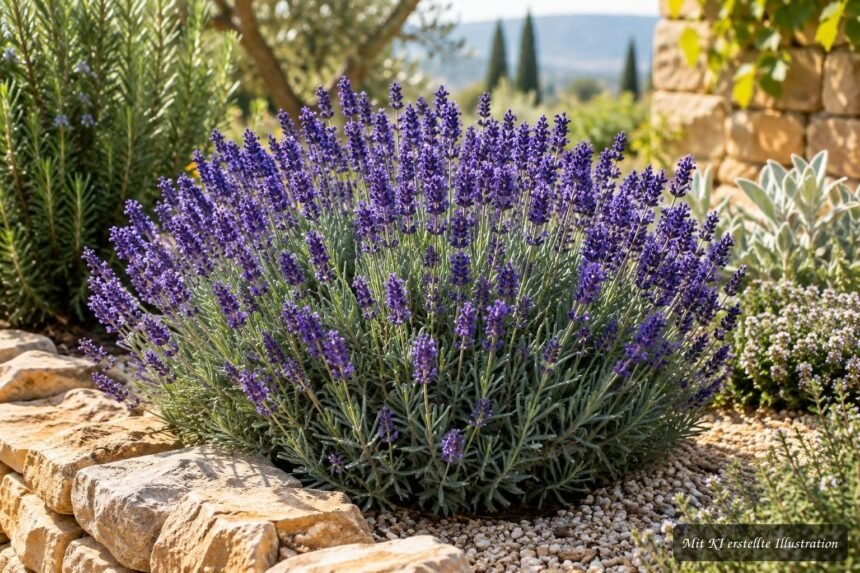 Echter Lavendel ‘Hidcote’ (Lavandula angustifolia ‘Hidcote’) – Pflege, Schnitt und Standort Echter Lavendel ‘Hidcote’ mit tiefvioletten Blüten im sonnigen Gartenbeet