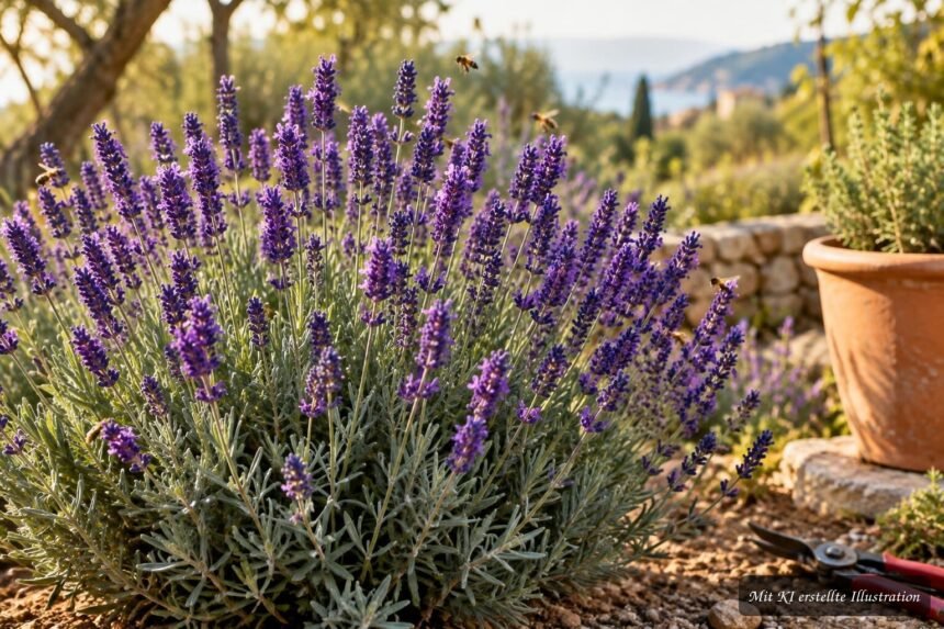 Blühender Echte Lavendel ‘Munstead’ mit tiefvioletten Blüten im sonnigen Garten