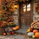 Herbstlich dekorierter Eingangsbereich mit Pflanzen und natürlichen Materialien vor der Haustür