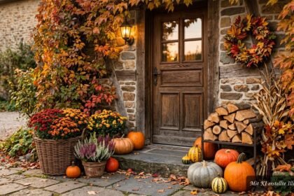 Herbstlich dekorierter Eingangsbereich mit Pflanzen und natürlichen Materialien vor der Haustür