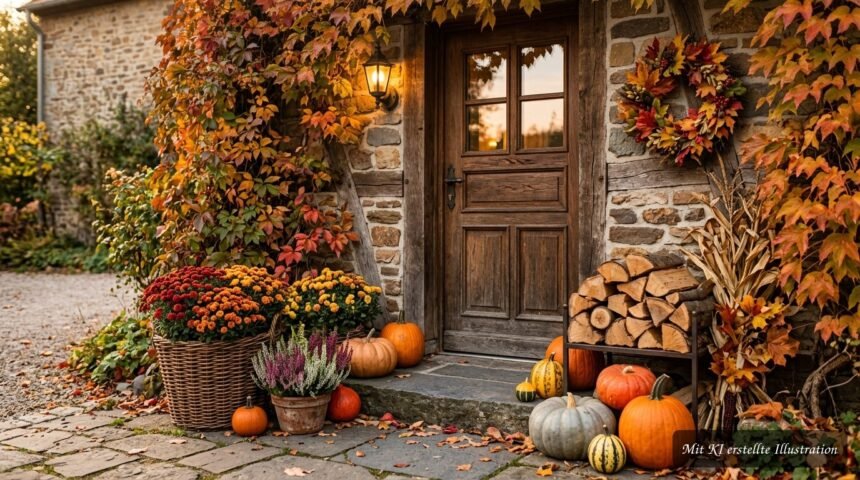 Herbstlich dekorierter Eingangsbereich mit Pflanzen und natürlichen Materialien vor der Haustür