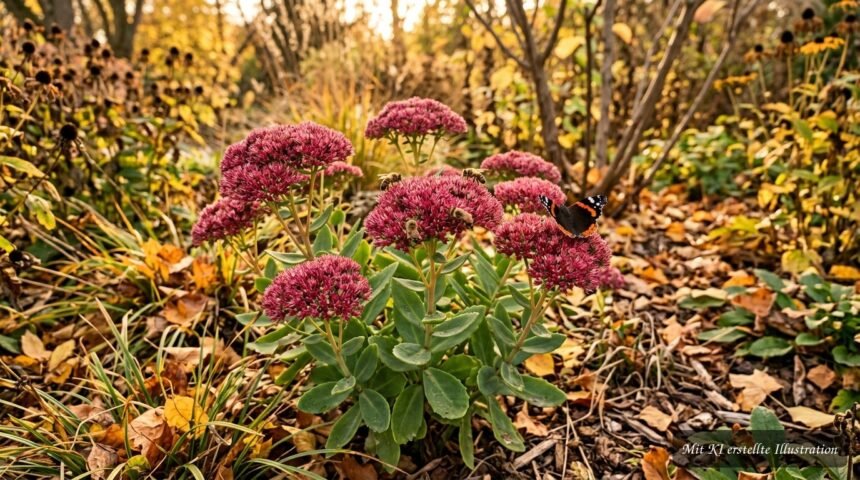 Blühende Fetthenne im Herbstbeet als wertvolle Nahrungsquelle für Insekten