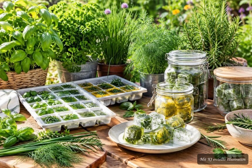 Frische Kräuter einfrieren – welche Sorten dafür besonders gut geeignet sind Frische Kräuter wie Basilikum, Petersilie und Schnittlauch werden portionsweise zum Einfrieren vorbereitet