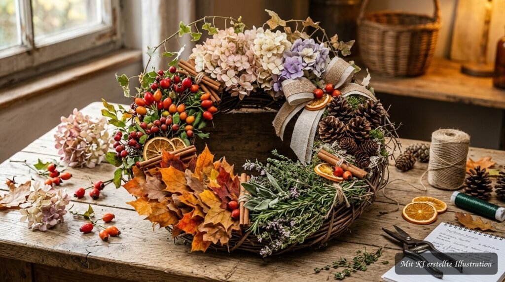 Herbstkranz aus Blättern, Zweigen und Zapfen mit fünf kreativen Gestaltungsideen
