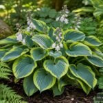 Funkie ‘First Frost’ mit blaugrünen Blättern und cremegelbem Blattrand im Schattengarten