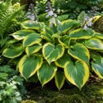 Funkie ‘Golden Tiara’ mit grün-goldenen Blättern im schattigen Gartenbeet