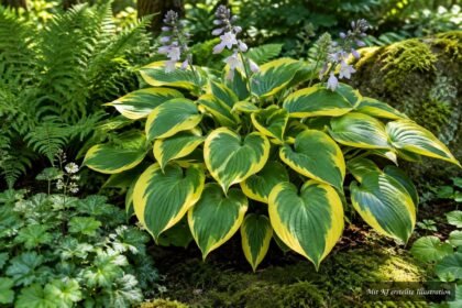 Funkie ‘Golden Tiara’ mit grün-goldenen Blättern im schattigen Gartenbeet