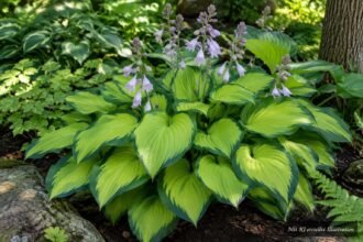 Funkie „Guacamole“ mit apfelgrünen Blättern und dunkelgrünem Rand im schattigen Garten