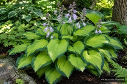 Funkie „Guacamole“ mit apfelgrünen Blättern und dunkelgrünem Rand im schattigen Garten