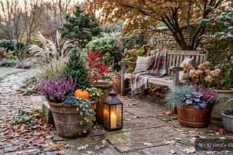 Herbstlich dekorierter Garten mit winterfesten Pflanzen, Laternen und natürlichen Materialien