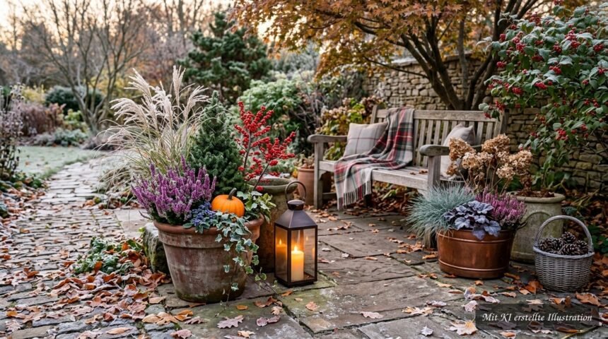 Herbstlich dekorierter Garten mit winterfesten Pflanzen, Laternen und natürlichen Materialien