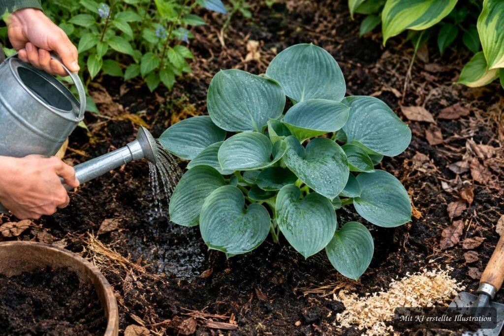 Zwerg-Funkie ‘Blue Mouse Ears’ im Garten, mit Tipps zum richtigen Gießen und Düngen