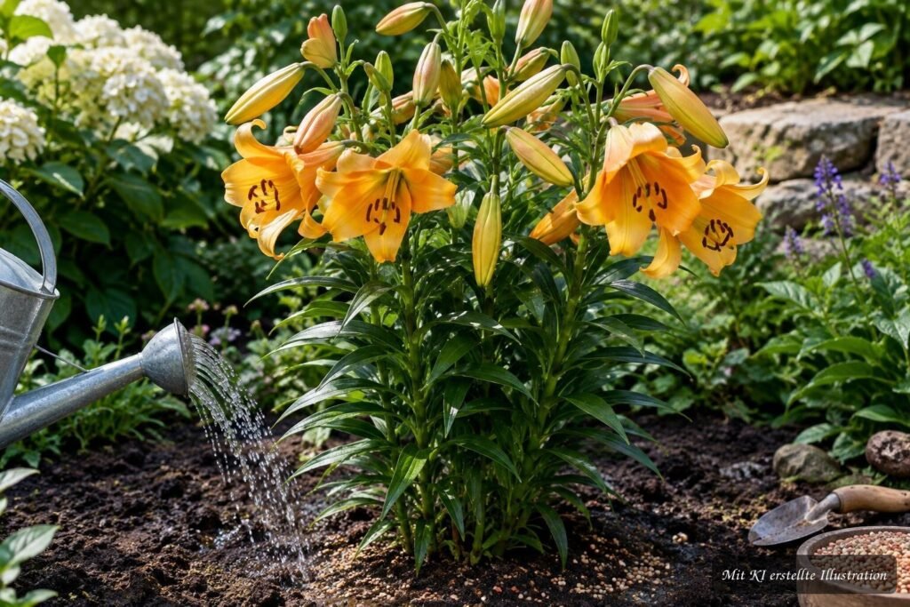 Trompeten-Lilie ‘African Queen’ (Lilium ‘African Queen’) – Pflege, Standort und Überwinterung Trompeten-Lilie ‘African Queen’ wird gegossen und gedüngt – Pflegetipps für kräftiges Wachstum und üppige Blüten