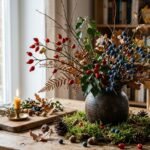 Rote Hagebutten, blaue Beeren und Zweige als natürliche Herbstdekoration aus dem Garten