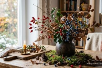 Rote Hagebutten, blaue Beeren und Zweige als natürliche Herbstdekoration aus dem Garten