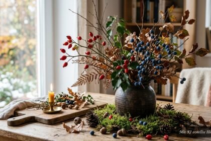 Rote Hagebutten, blaue Beeren und Zweige als natürliche Herbstdekoration aus dem Garten