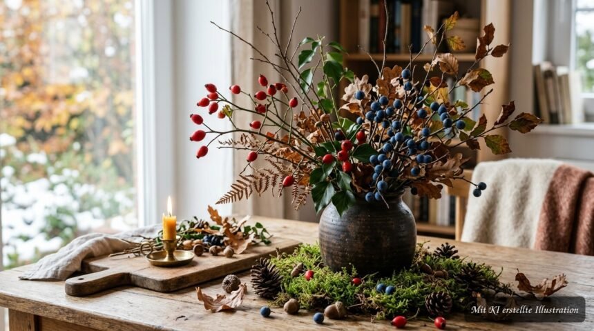 Rote Hagebutten, blaue Beeren und Zweige als natürliche Herbstdekoration aus dem Garten